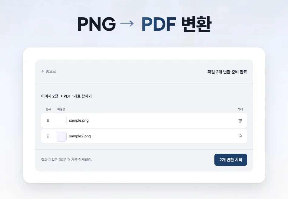 Technologia Tool — 변환 대기 화면 · PNG를 PDF로, 파일 순서 정리 후 변환 시작